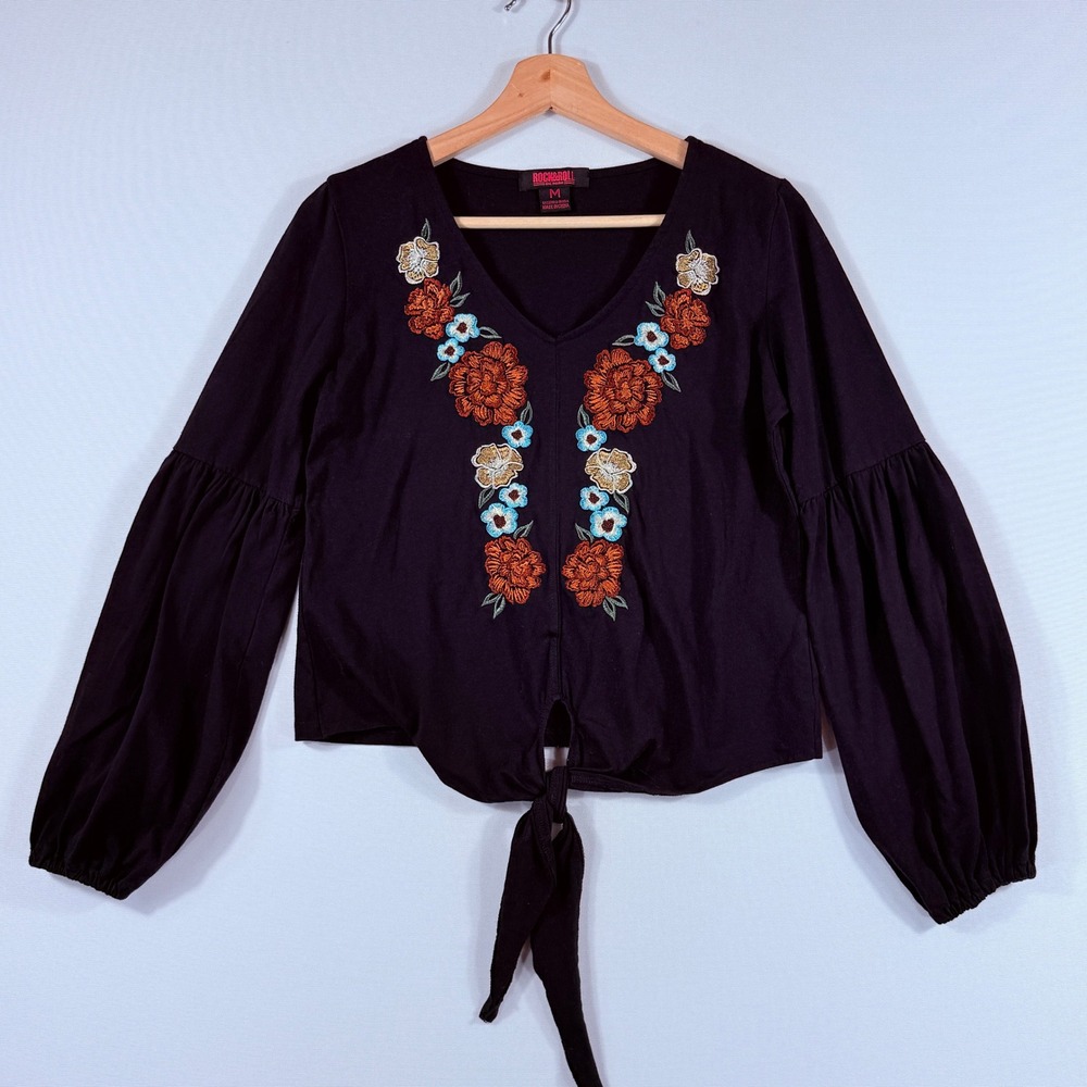 Rock & Roll Denim Embroidered Top Womens Medium Black Tie Front Boho Western